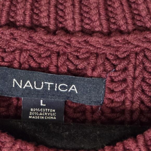Nautica Sweater Womens Red Large Cable Knit Crew Neck Cotton Pullover Fisherman - Picture 2 of 4